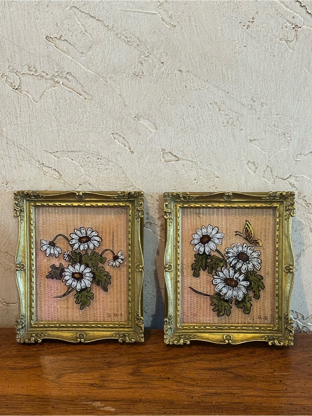 2 Vintage White Daisy Floral Art Pictures in Gold Frames Cottage Core